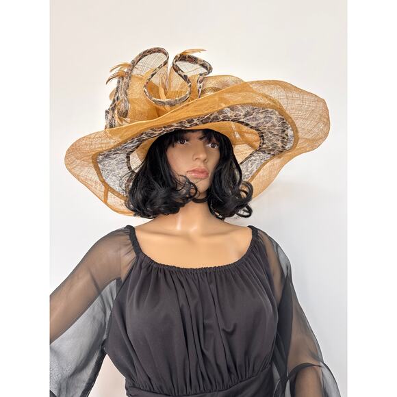 CC exclusives Big straw wide brimmed hat animal print Big bow and feather - Picture 4 of 16